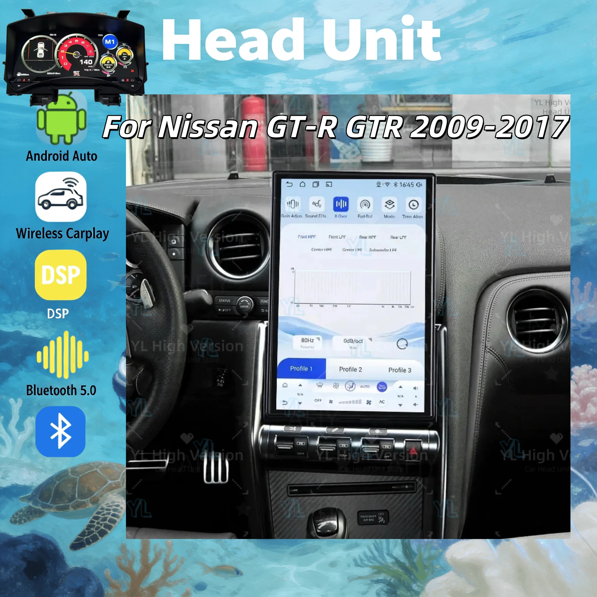 

14,5-дюймовый сенсорный экран с GPS-навигацией на Android 13 для Nissan GTR R35 2009-2017, автомобильная мультимедийная система, автомагнитола с Bluetooth 5.0