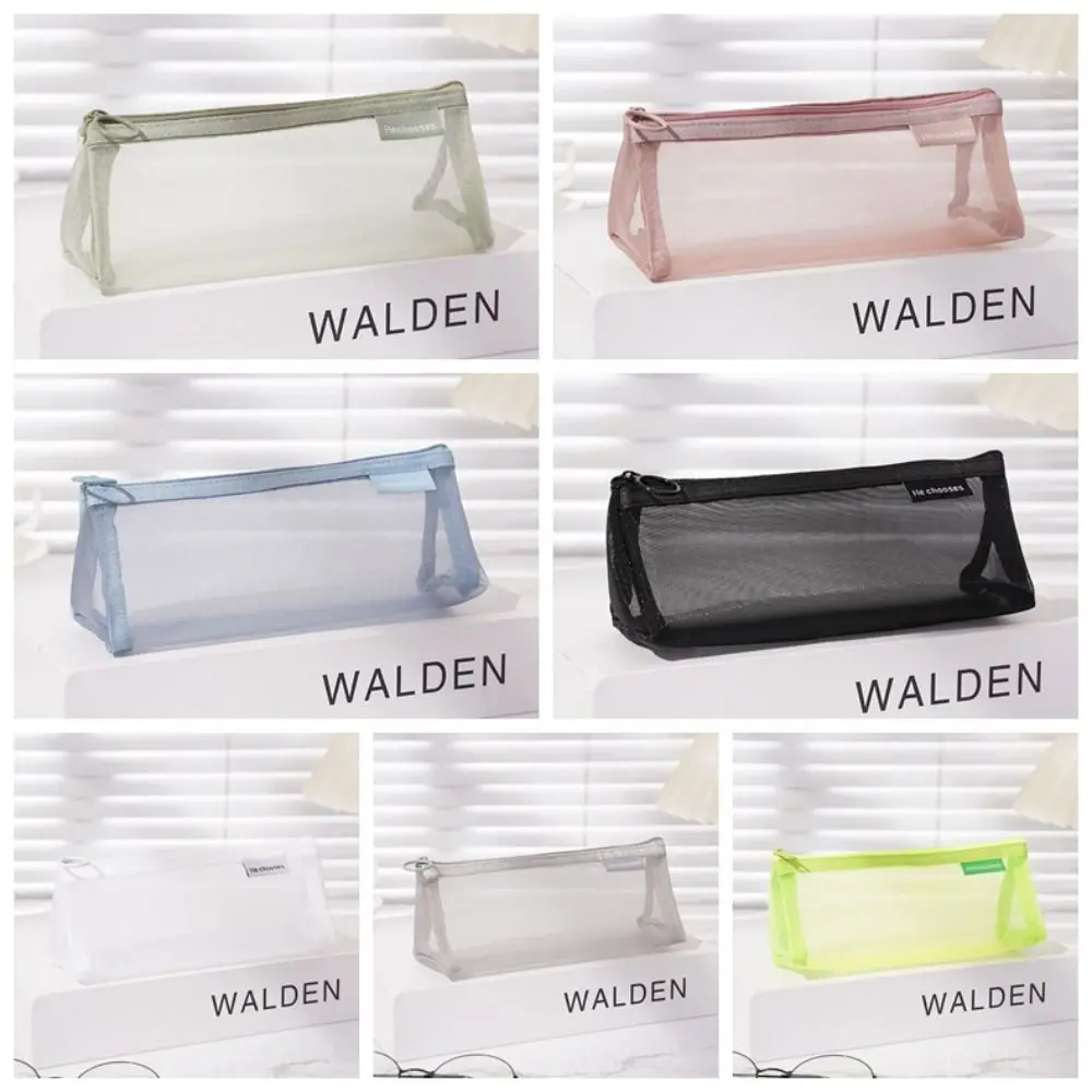 Fashion Nylon Mesh Pencil Case Triangle Large Capacity Transparent Bills Bag Storage Bag Retro Color Zipper Stationery Bag Lady