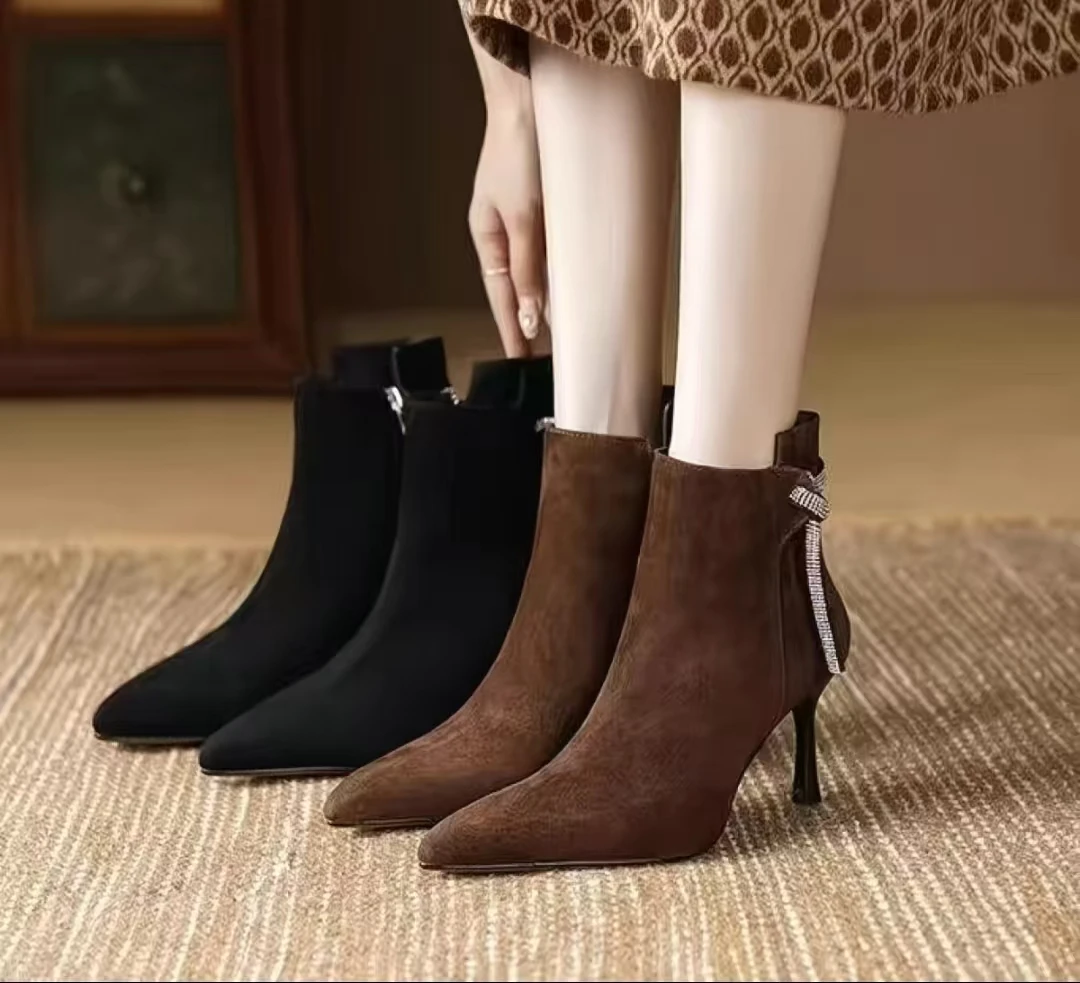 جديد الخريف حذاء من الجلد الجلد المدبوغ أحذية من الجلد للنساء أشار تو أحذية كعب رقيقة سستة الأحذية الحديثة عقدة أحذية عالية الكعب
