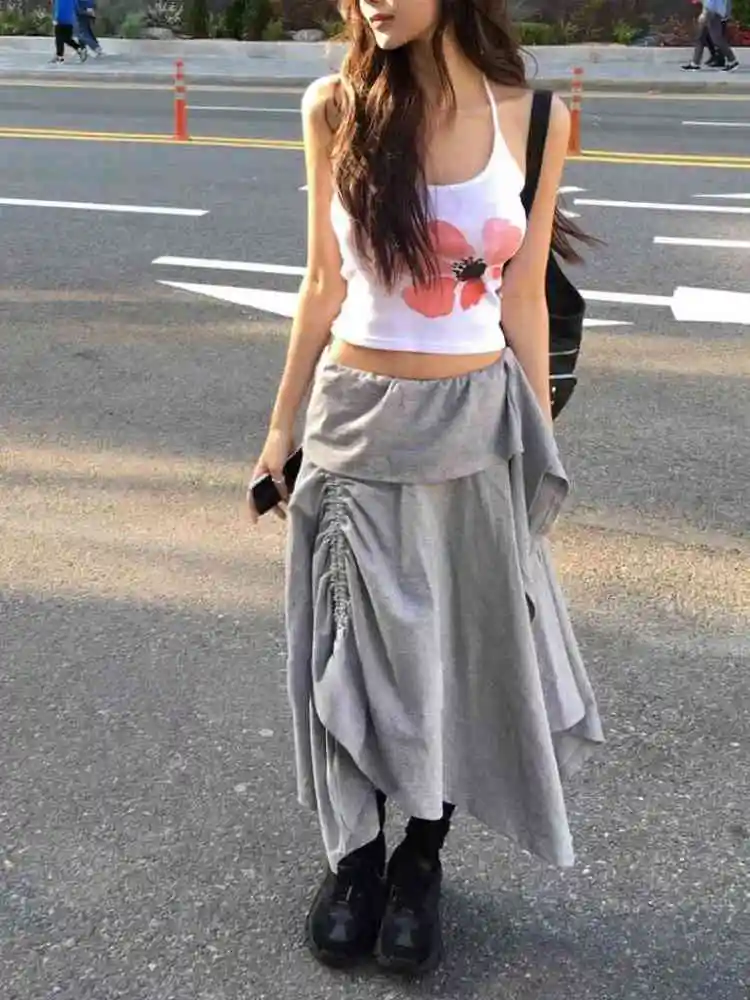 Conjunto de Saia e Top ter Floral Retro Leve Estilo Coreano para Mulheres Moda Verão
