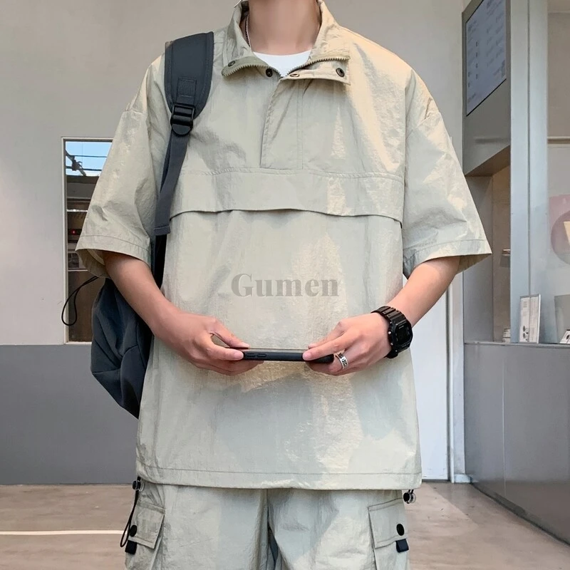 

M/L/XL/2XL/3XL Stand Collar Shirts Men's Solid Color Short Sleeved T Shirt Summer Light Breathable Outdoors Men Casual Tops