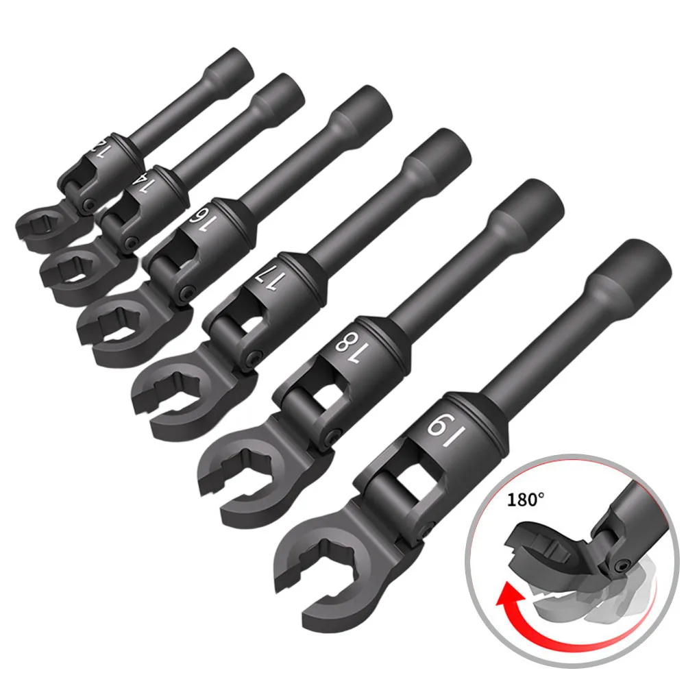6pcs 12-19mm Long Head Crows Foot Line Oil Pipe Wrench Set For 3/8incn Drive Flare Nut Wrench Socket Hand Tools Accessories