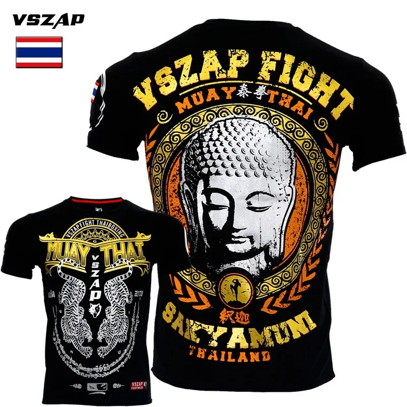 

Vszap fitness short-sleeved Thai boxing MMA martial arts T-shirt cotton gold and silver Buddha head martial arts personality