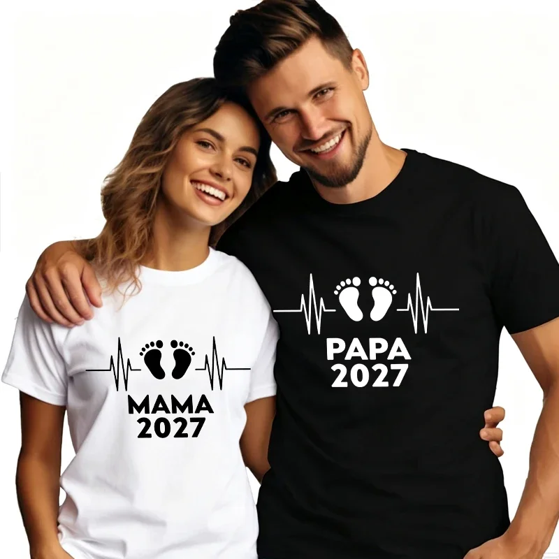 Papa Mama 2027 Cute Baby Footprints T Shirt Couples Matching T-shirt Women Men Fashion Pregnancy Announcement Lover Tshirts