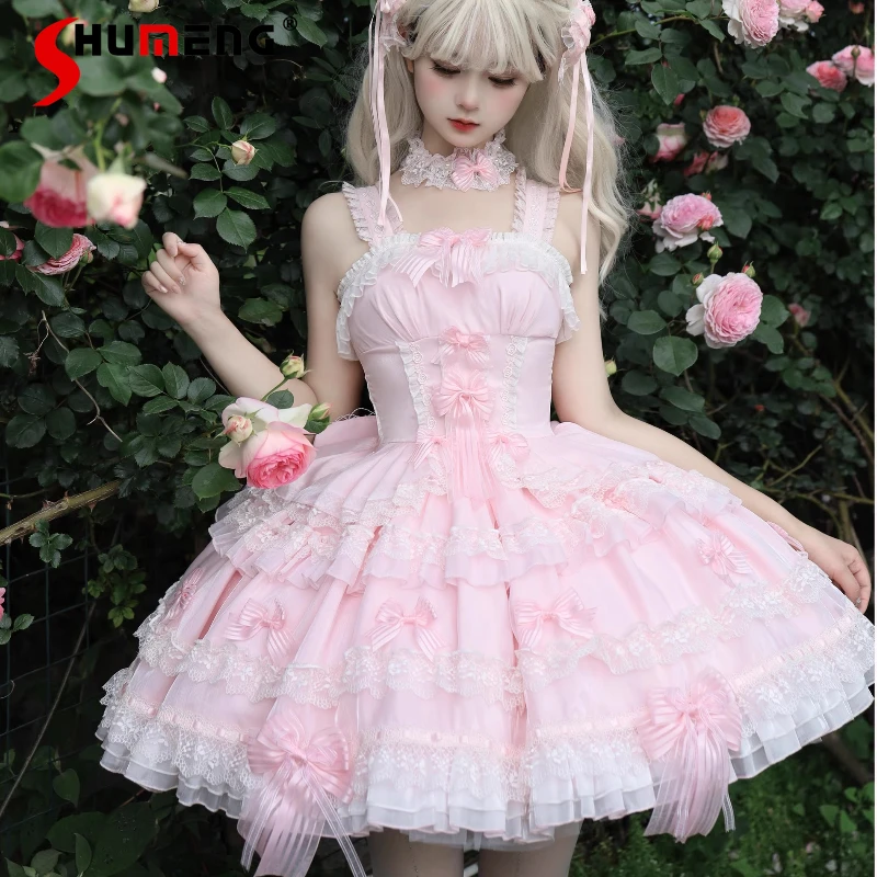 

Sweet Princess Style Pink Sling Dress Jsk Summer Girls Women's Cute Bow Lace Fairy Dress Japanese Lolita Birthday Party Dresses