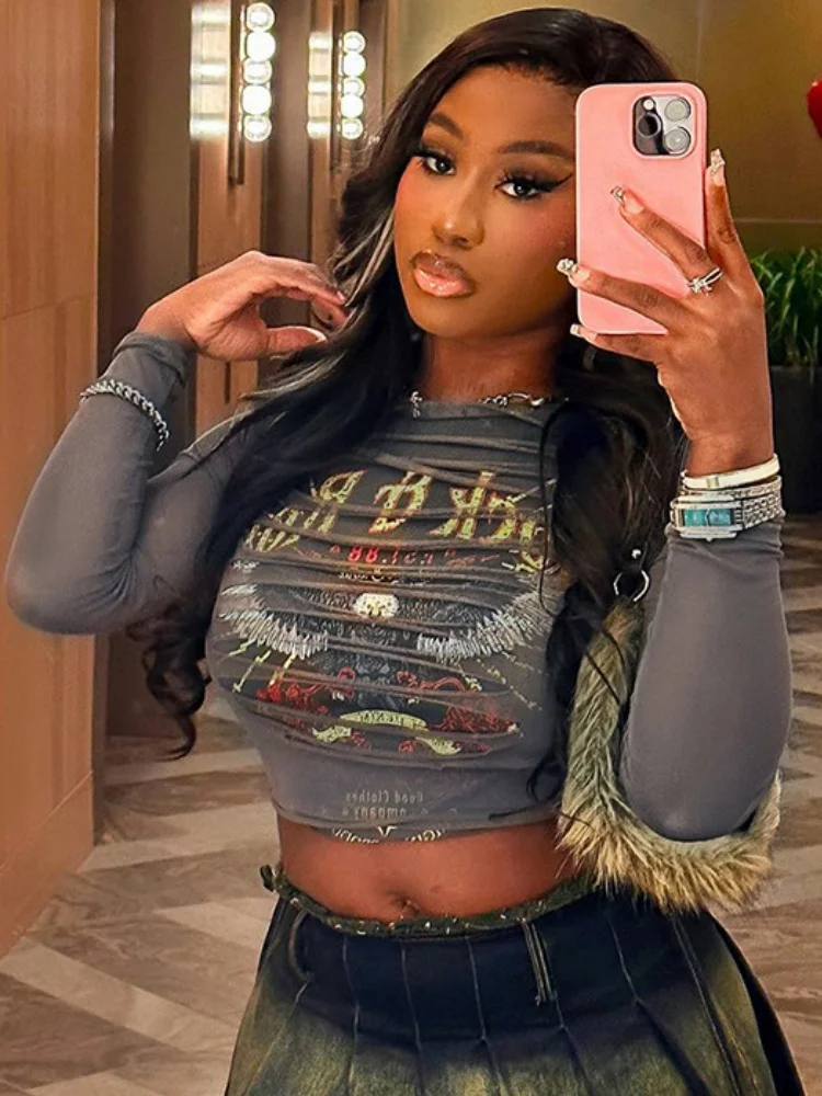 Joskaa-T-shirt manches longues pour femmes, maille imprimée Y2K, sexy, slim, court, graphique, transparent, streetwear, Y-2024