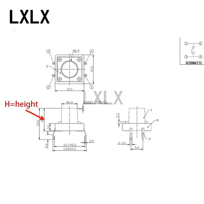 1000Pcs PCB 4Pin Touch Button Micro Switch Mini Micro Switch DIP4 12x12 12*12*4.3/5/6/7/7.5/8/9/10/11/12/13/14/15/16/17/18/20MM