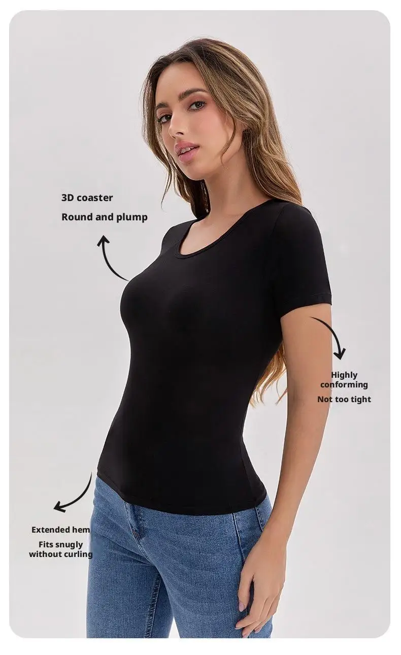 Ubowen Für 40-90 kg große Frauen, Übergrößen-T-Shirt mit kurzen Ärmeln, integriertem BH, Rundhalsausschnitt und festem Körbchen. – Detail 14