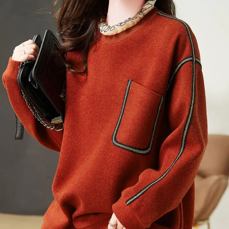 Spring Autumn Fake Two Pieces Sweatshirts Korean Pockets Women\'s Clothing Bright Line Decoration Fashion Lace Spliced Pullovers