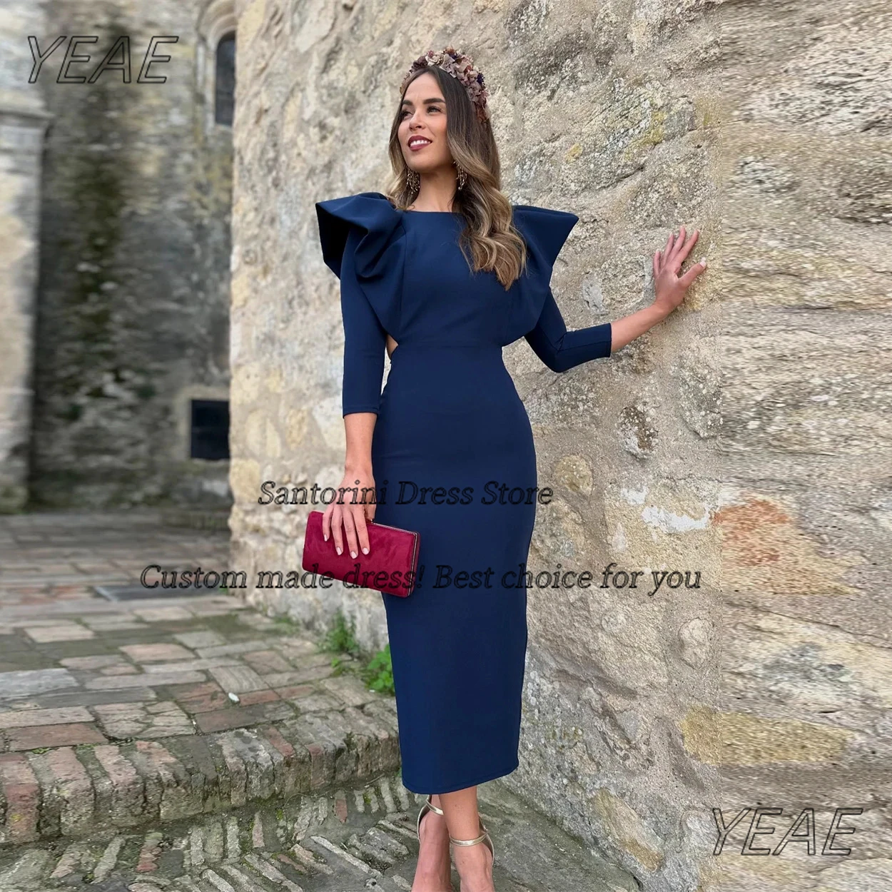 

Santorini Customized Navy Blue Prom Dresses O-Neck Three Quarter Evening Gowns Open Back Slit Robe Des Cocktail Party Dress