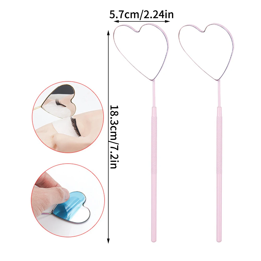 1pc False Eyelashes Mirror Connected To Eyelash Inspection Mirror Heart Shaped Long Handle Magnifying Cosmetic Tool