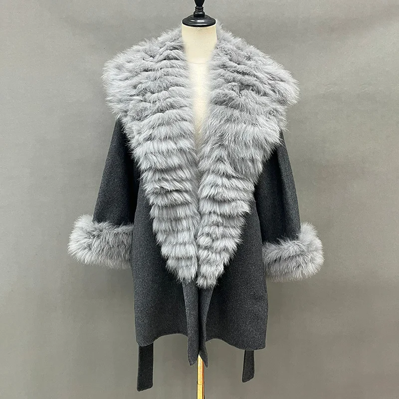 2024 Lady Elegant Wool Coats Winter Fashion Real Fox Fur Collar Wool Trench Coat Medium Length Overcoat