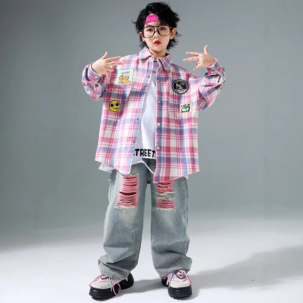 Criança legal hip hop roupas rosa xadrez camisa superior denim casual rua jogger calças de carga para menina menino jazz dança traje roupas