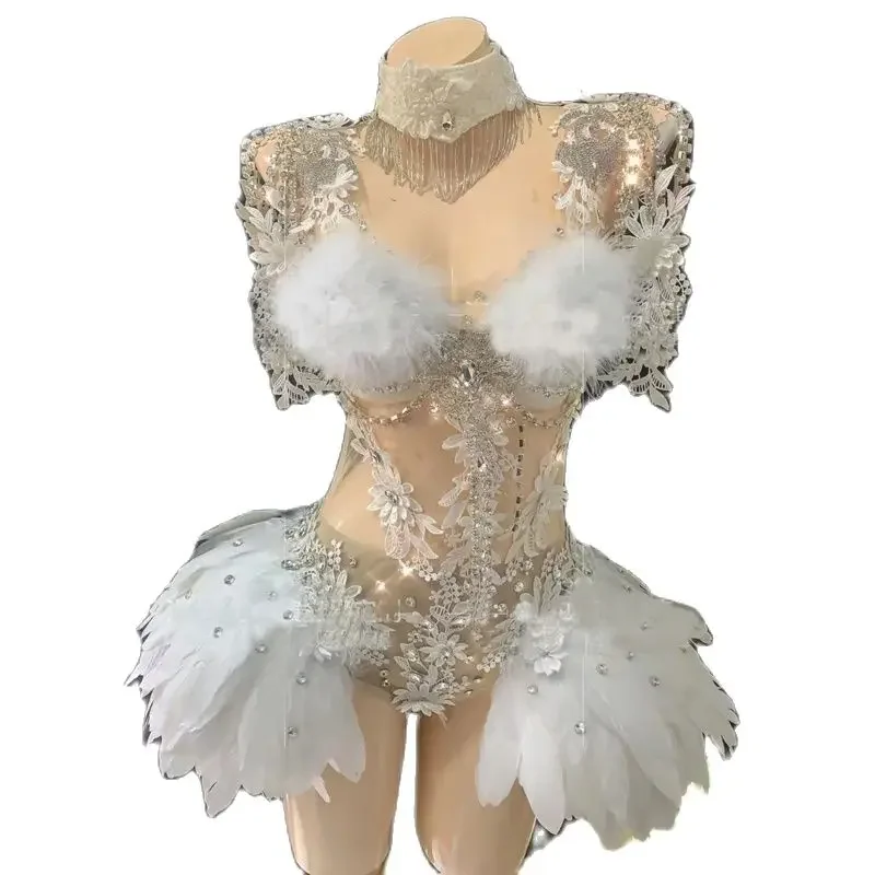 Full Diamond Feather Cutout Bodysuit Sexy Pole Dance Clothing Bar Nightclub Ds Dj Women Gogo Costumes Stage Rave Outfit XS6266