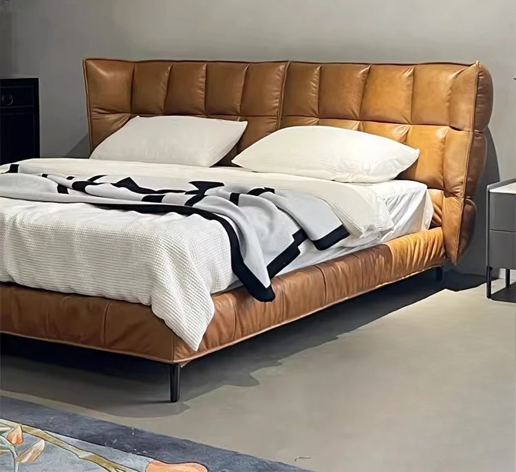 

Vintage medieval style oil wax leather soft bed caramel color bedroom minimalist double bed