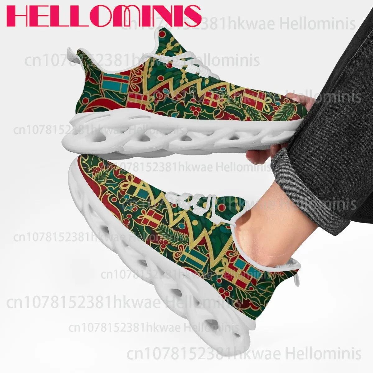 Picture 4: Fleece Lined Christmas Holly Print Unisex Adult Sneakers Warm Plush Lining Hollow Wave Sole Breathable Casual Walking Footwear
