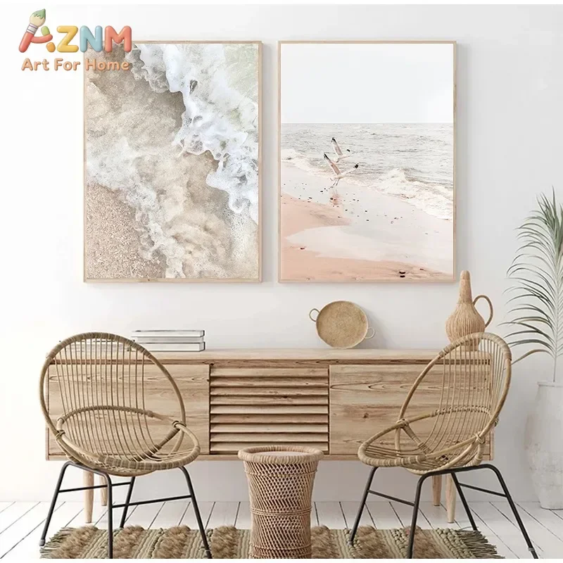 Beige Hay Reed Poster Print Pictures Sea Beach Sea Wave Pampas Bridge Canvas Painting Wall Art Nordic Living Room Decor