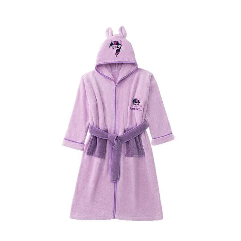 Kawaii My Pony Hooded Bathrobe Is Suitable for 120Cm Girls' Home Moisture Absorbing Quick Drying and Warm Coral Fleece Bathrobe