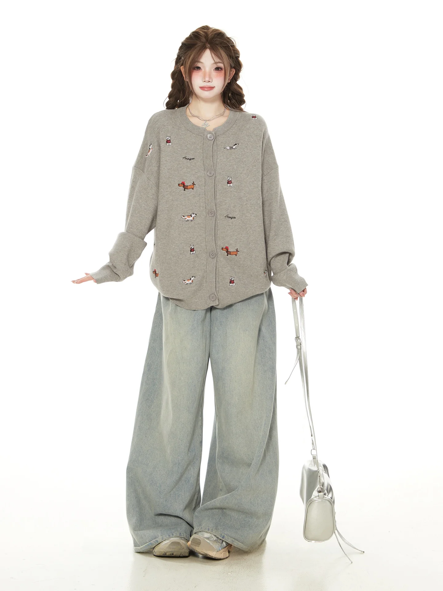 

Новый женский весенний кардиган с вышивкой милой собаки, свободный вязаный свитер в стиле ретро, корейская версия, удобный крой