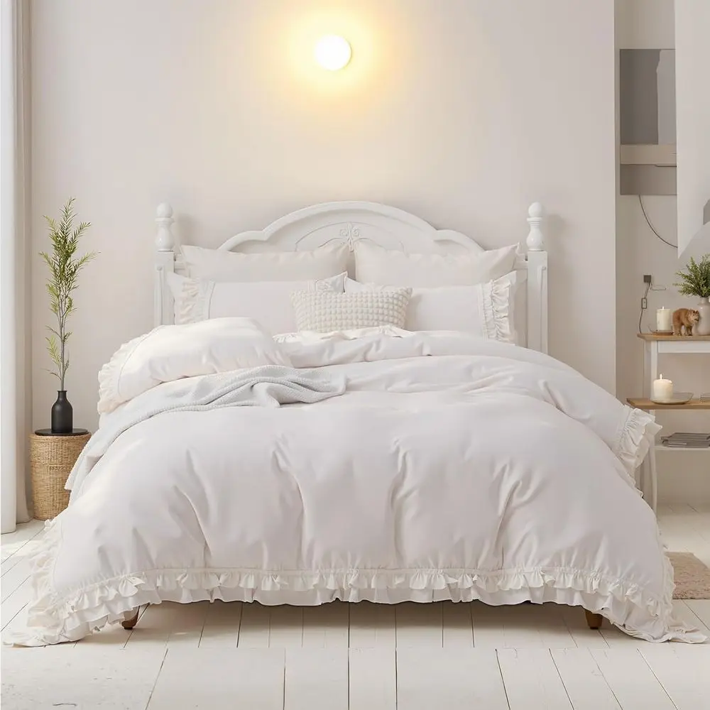 مجموعة غطاء لحاف مكشكش من القطن بحجم كوين - سرير أبيض أنيق على طراز المزرعة مع لحاف لطيف