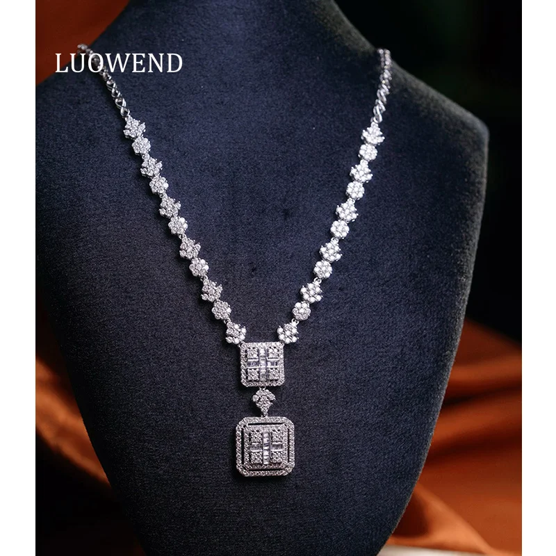 LUOWEND 100% 18K White Gold Necklace Luxury Fashion Design 3.50carat Real Natural Diamond Necklace for Women High Party Jewelry