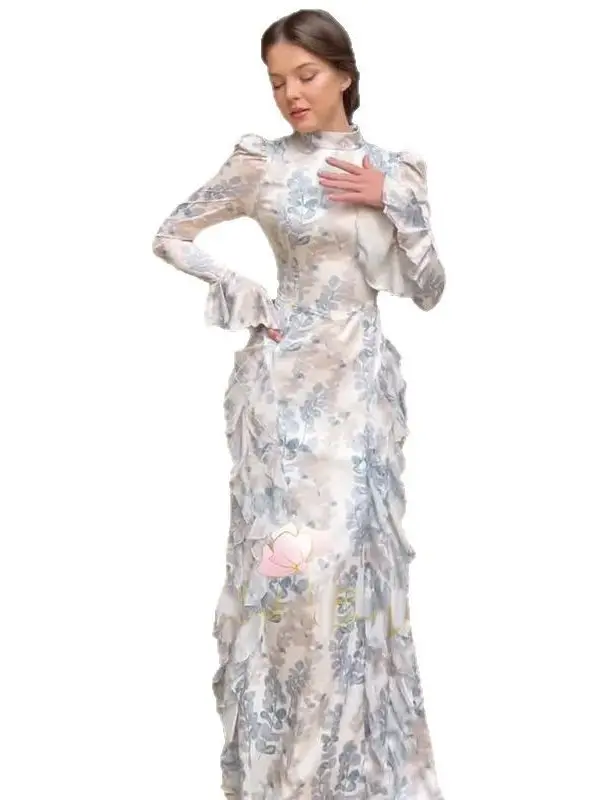 فستان Ele Long Sve من الساتان Dr للسيدات ذو الخصر اللطيف وحزام وياقة واقفة لموسم ربيع الخريف