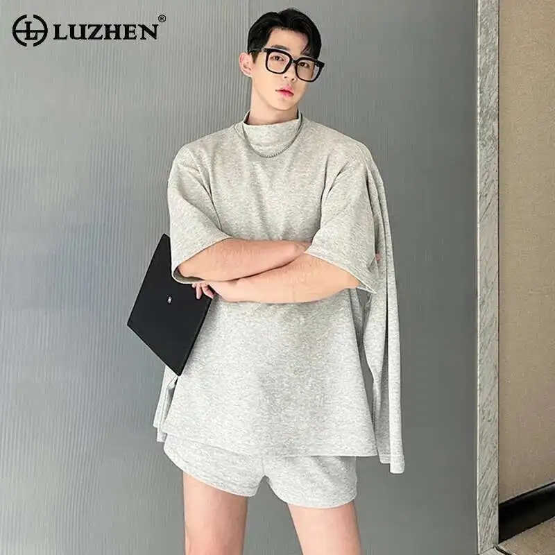 

LUZHEN Summer Men Design Trendy Short Sleeved Long 2025 T Shirt Two-piece Sets High Street Original Stylish Shorts Pants LZ9611