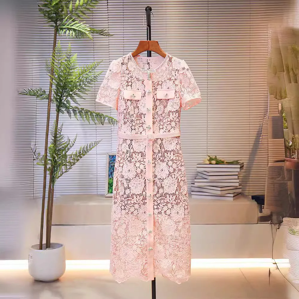 

Женское кружевное платье средней длины, розовое однобортное платье для выпускного вечера с коротким рукавом, вышивкой бисером и стразами, лето