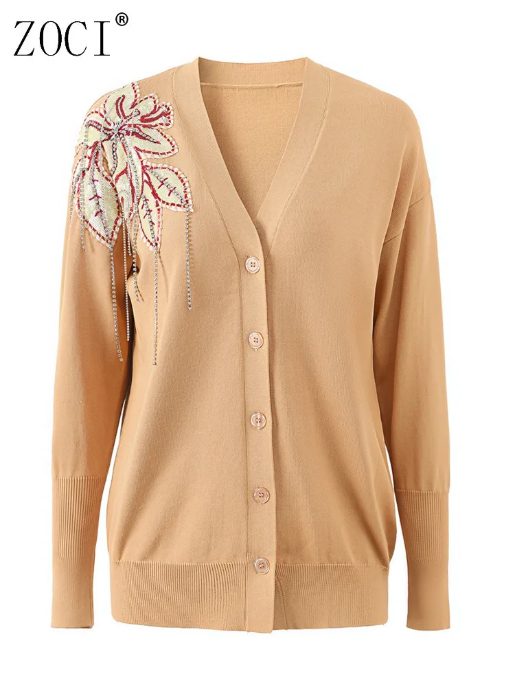 

ZOCI Women's Knitted Cardigans Embroidered Piece Handmade Nail Bead Decoration V-neck Loose 2025 Spring New Collection