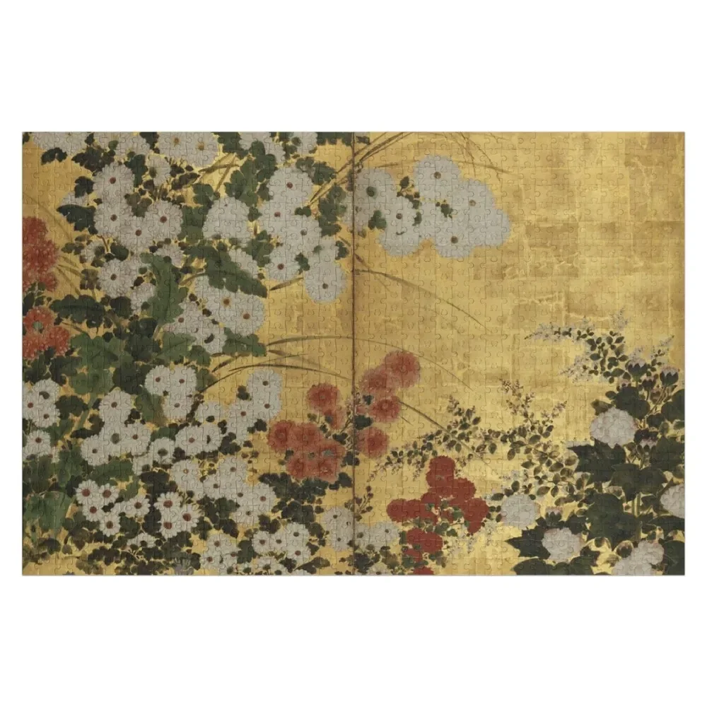 White Red Chrysanthemums Floral Japanese Gold Screen Print Jigsaw Puzzle Works Of Art Puzzle