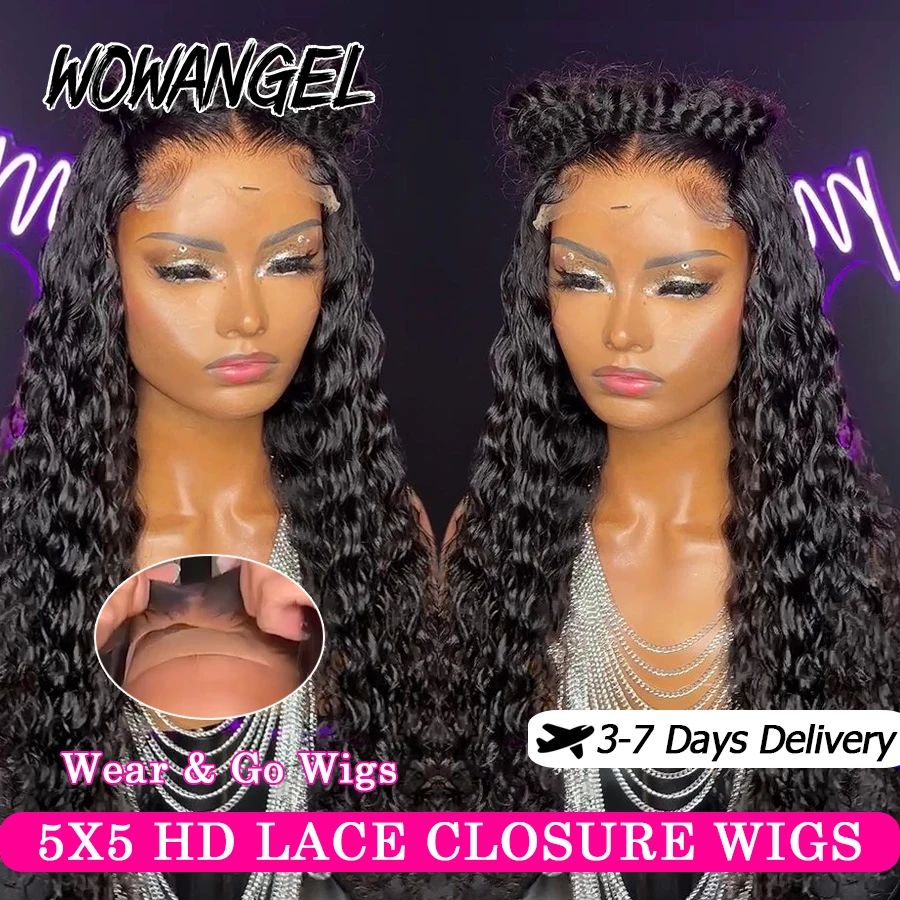 Wow Angel Wear And Go Glueless Human Hair Wig Ready To Wear 5x5 HD Lace Closure Water Wave Curly Wigs Pre Plucked Melt Skins