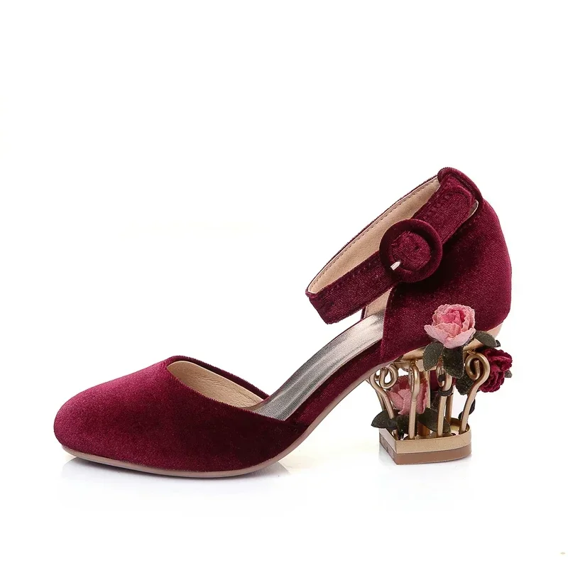 Fashion Flower Spring/summer Sandals Hollow High Heels Golden Velvet Round Toe Women Pumps Shoes Large Size 34-43 Women Sandals