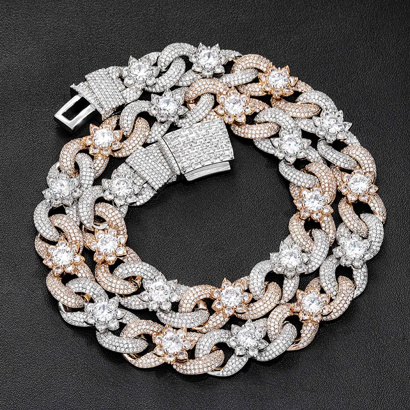 Hip Hop 5A+ CZ Stone Bling Iced Out Infinity Flowers Link Chain Necklace for Men Rapper Jewelry Rose Silver Color