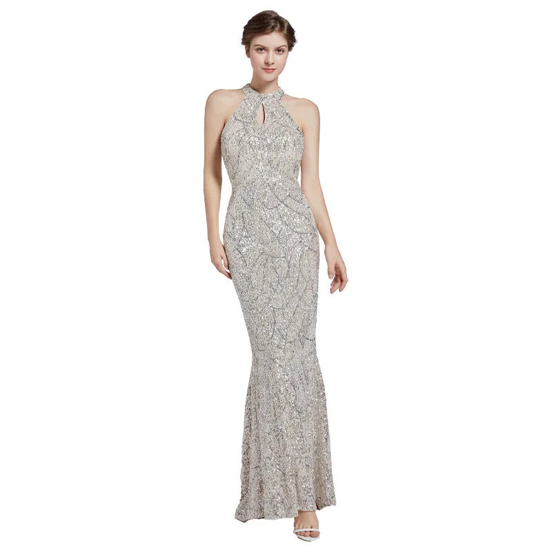 الفرنسية الصيف جديد فاخر بلينغ فستان مثير أنيق الرسن طويل ثوب مسائي المرأة مطرزة ذيل السمكة موضة شيك فستان الحفلات