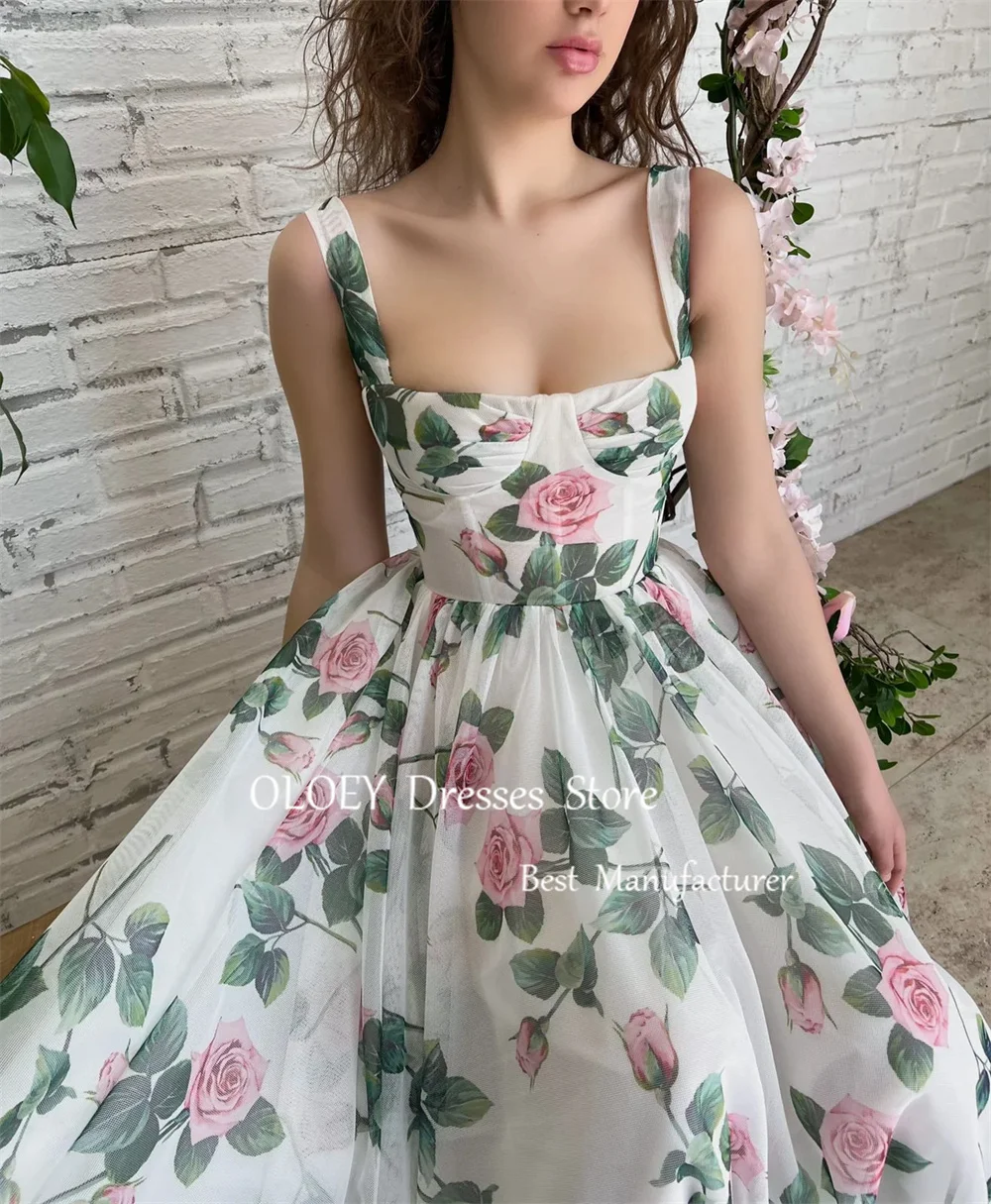 OLOEY Modern Style Floral Prom Dress Square Collar Tea-length Cap Strap Draped Evening Dress Summer Dress Wedding Party Dress