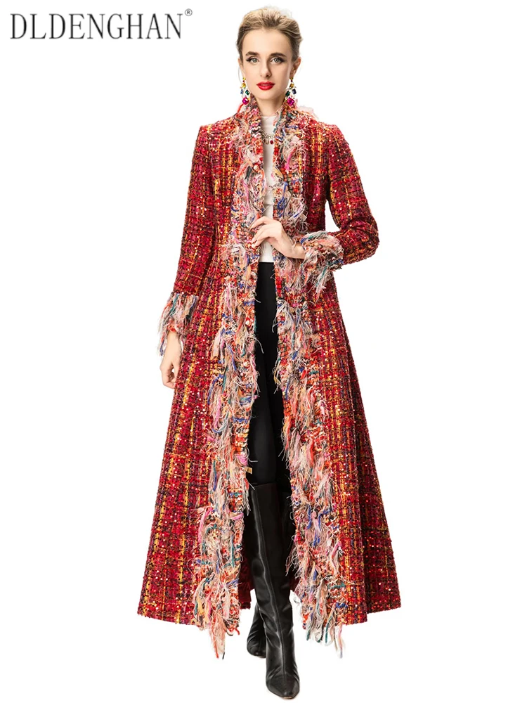 

DLDENGHAN Women's Sequins Plaid Tassel Single-Breasted Stand Collar Long Sleeve Coat Streetwear Outerwear for Autumn