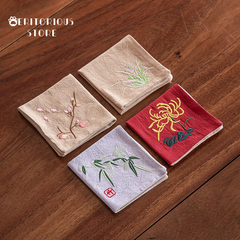 Cotton Linen Napkin Embroidered Tea Towels Plum Orchid Bamboo Handmade Lilac Flower Tea Towel Tea Mat Tea Cloth Ceremony Chinese