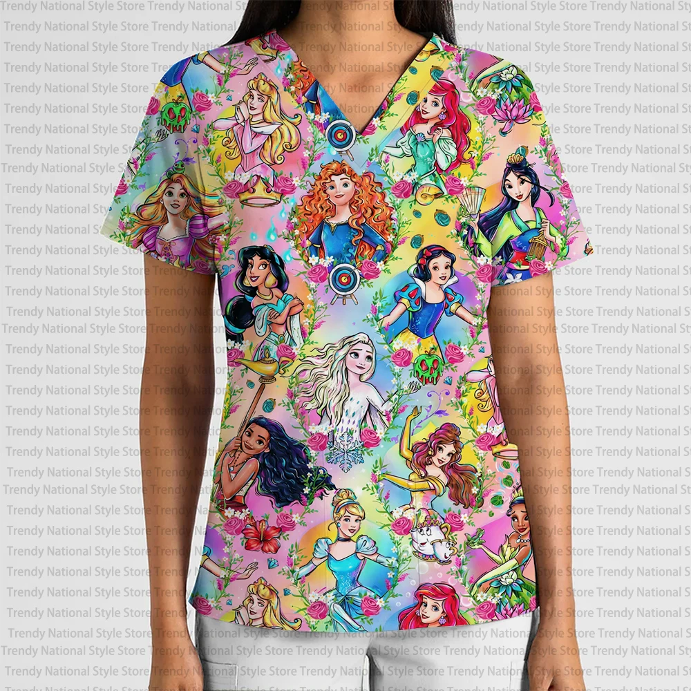 T-shirt de travail pour femmes, série Disney Princess, imprimé, col en V, poche, finition givrée, pour hôpital, clinique, dentiste