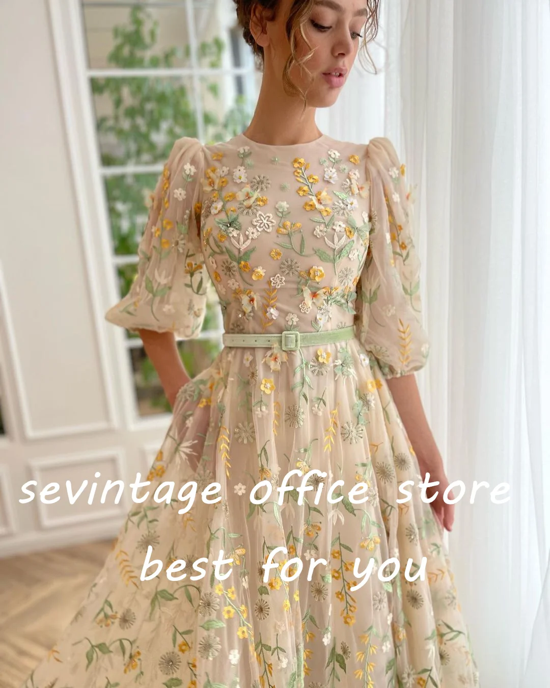 Sevintage-vestidos de fiesta con bordado Floral, Apliques de encaje, mariposa, cuello redondo, mangas cortas, línea A, vestidos de noche, vestido de