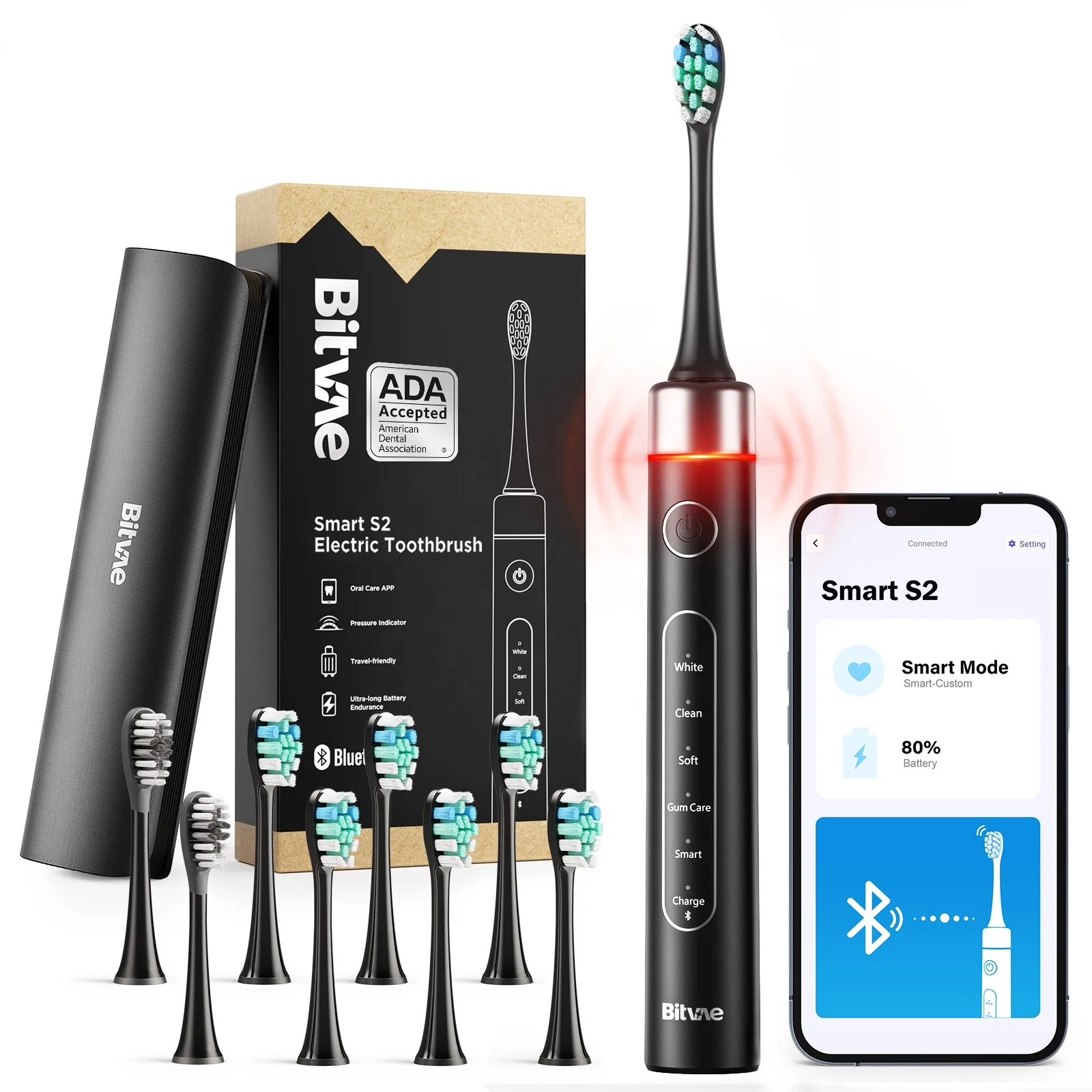 Bitvae S2 9 Intensity Levels IPX7 Waterproof Sonic Ultrasonic Rechargeable Electric Tooth Toothbrush with 8 Heads