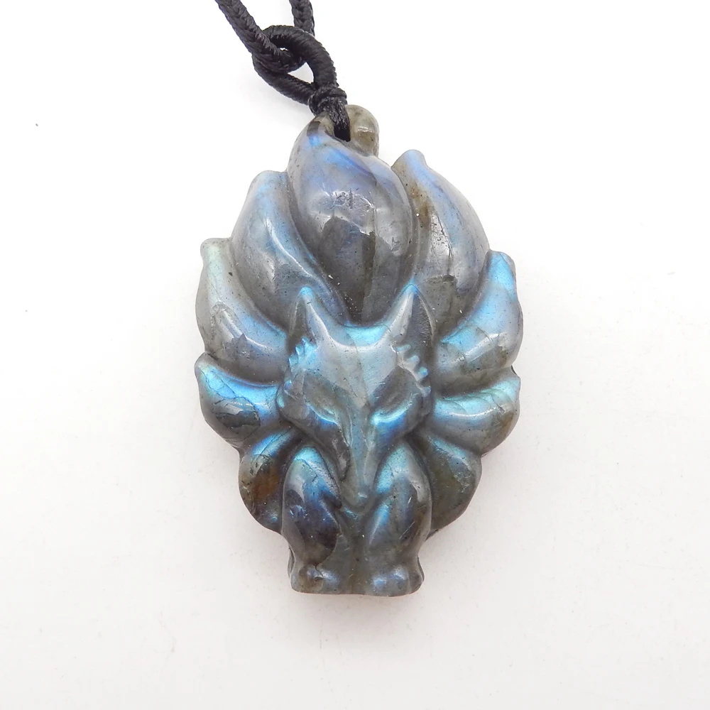 Natural Labradorite Hand Carved Nine-Tailed Fox Pendant Bead,Semiprecious Fashion Jewelry Necklace Accessories Gift