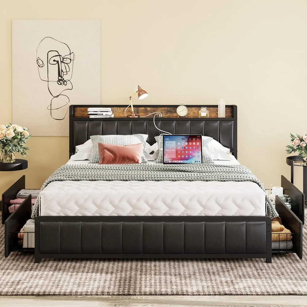 

Queen Bed Frame with Storage Drawers Headboard and Footboard, Upholstered Platform Bed with USB Ports and Outlets, No Box