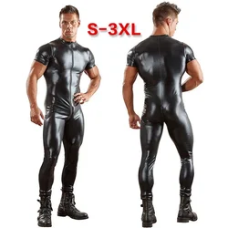 Men Sexy Wetlook Faux Leather Catsuit PVC Latex Bodysuit Gay Zipper Open Crotch Clubwear Erotic Pole Dance Lingerie