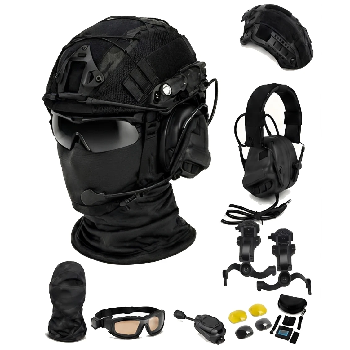 Full Tactical Airsoft Helmet Set with Communication Headset Goggles Rail-Mounted Light for Paintball CS Cosplay Outdoor Sports