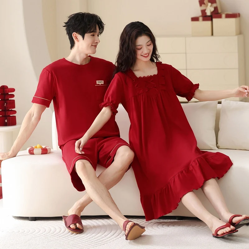 2026 Summer Couple Long Sleeve 100% Cotton Pajama Sets for Men Korean Loose Sleepwear Pyjamas Women Night Dress Homewear Clothes