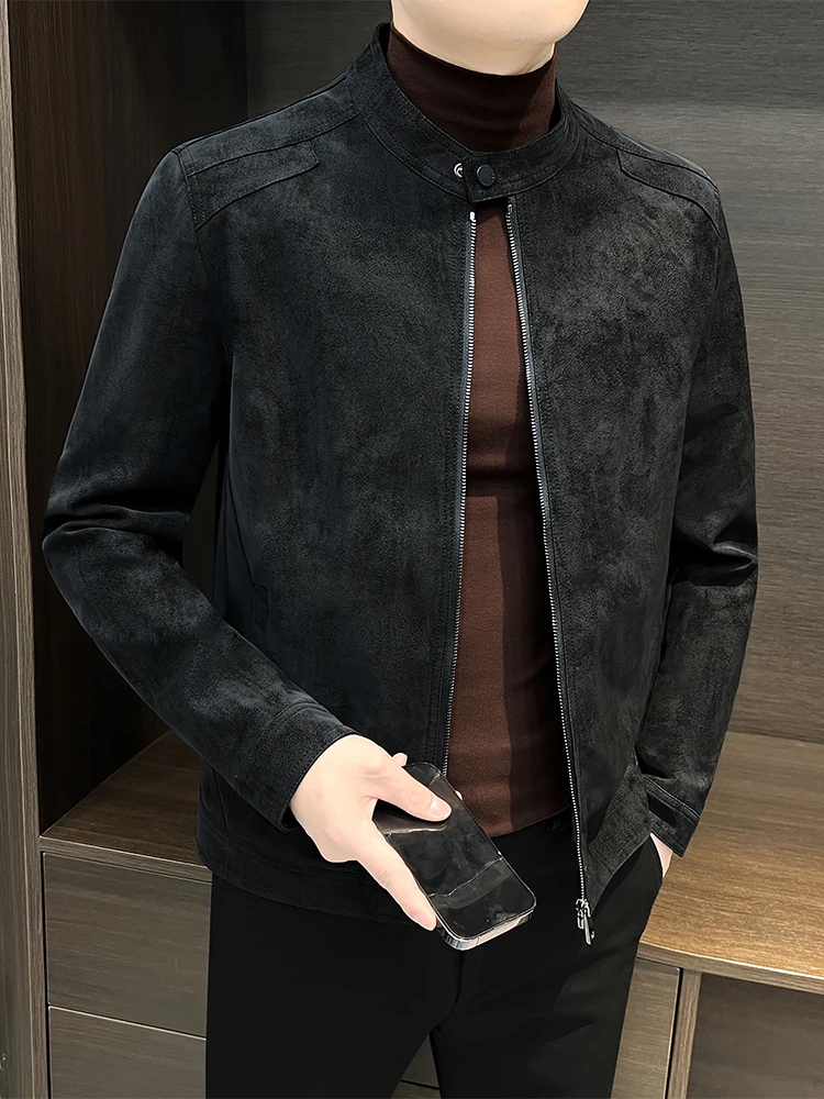 

Sli Urban Men's Biker Leather Jaet Stand Collar Faion Brand Autumn New High-End Feel PU Leather Long Sve ort Sle