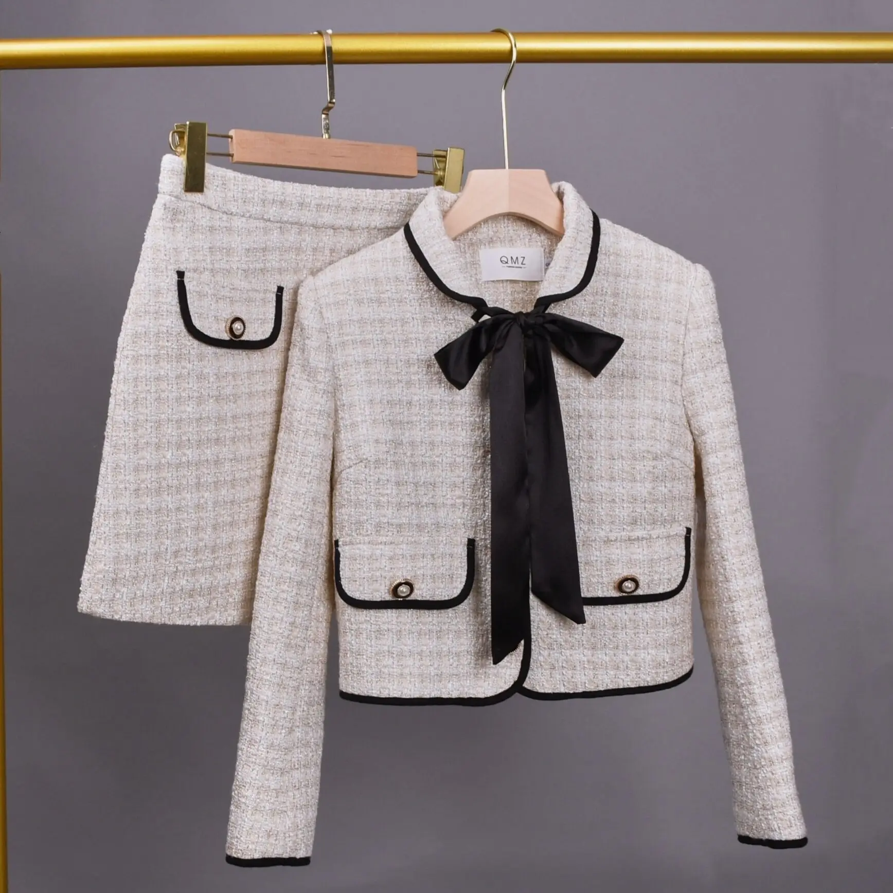 In Stock: Elegant Women's Set, Early Spring Stylish Age-reducing Bow-tie Short Jacket and Skirt Two-piece High Quality Fashion