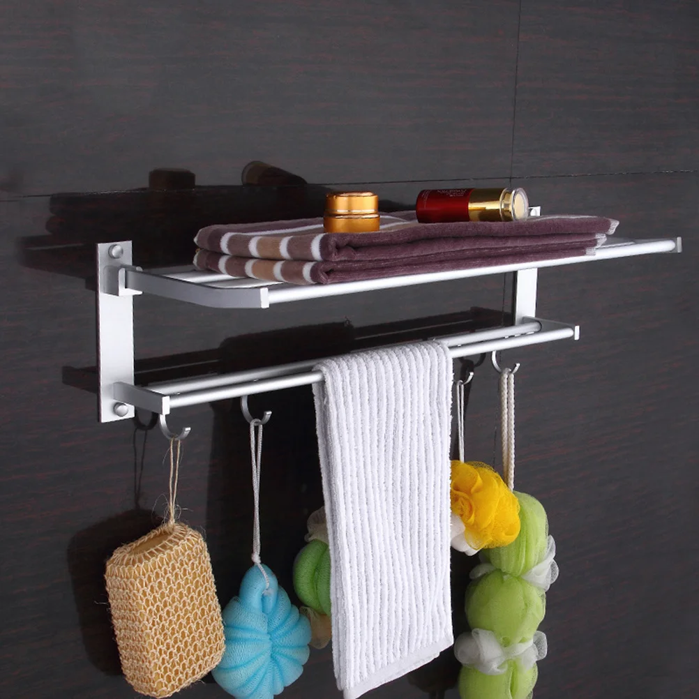 

Двухъярусная складная вешалка для полотенец из алюминия, устойчивая к ржавчине, 40 см, серебристая, для ванной и кухни, с крючками