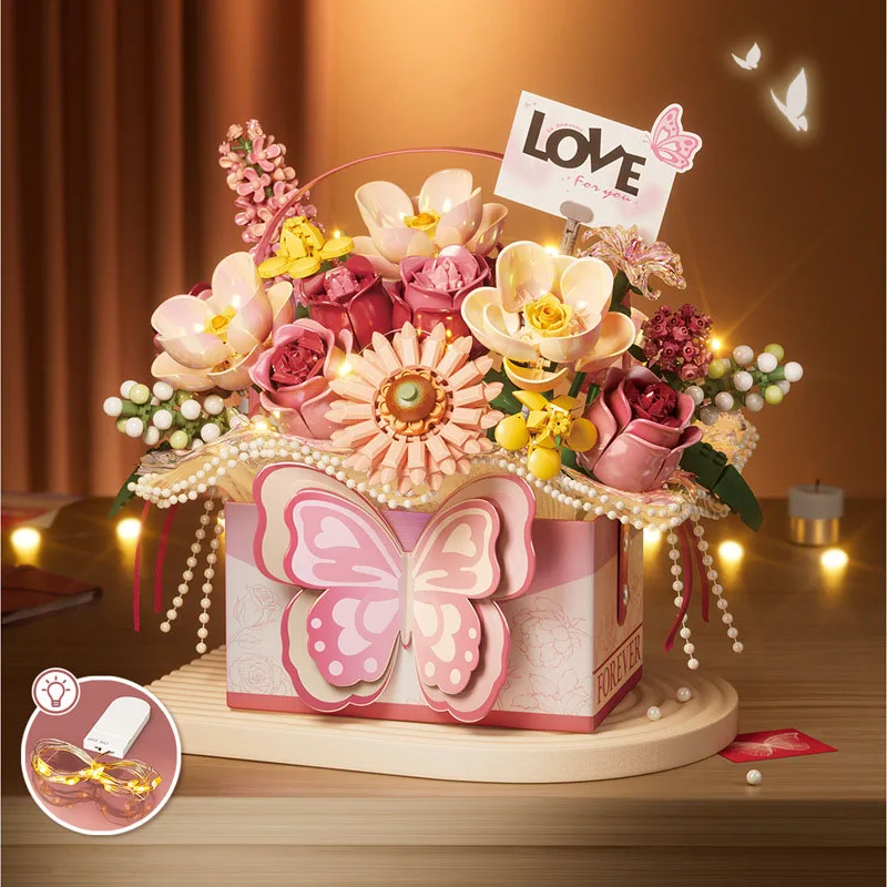 Loz Mini Diamond Building Block Kotak Bunga Mawar Krisan Ide Bata Kupu-Kupu Keranjang Mainan Dengan Lampu Untuk Hadiah Anak Perempuan