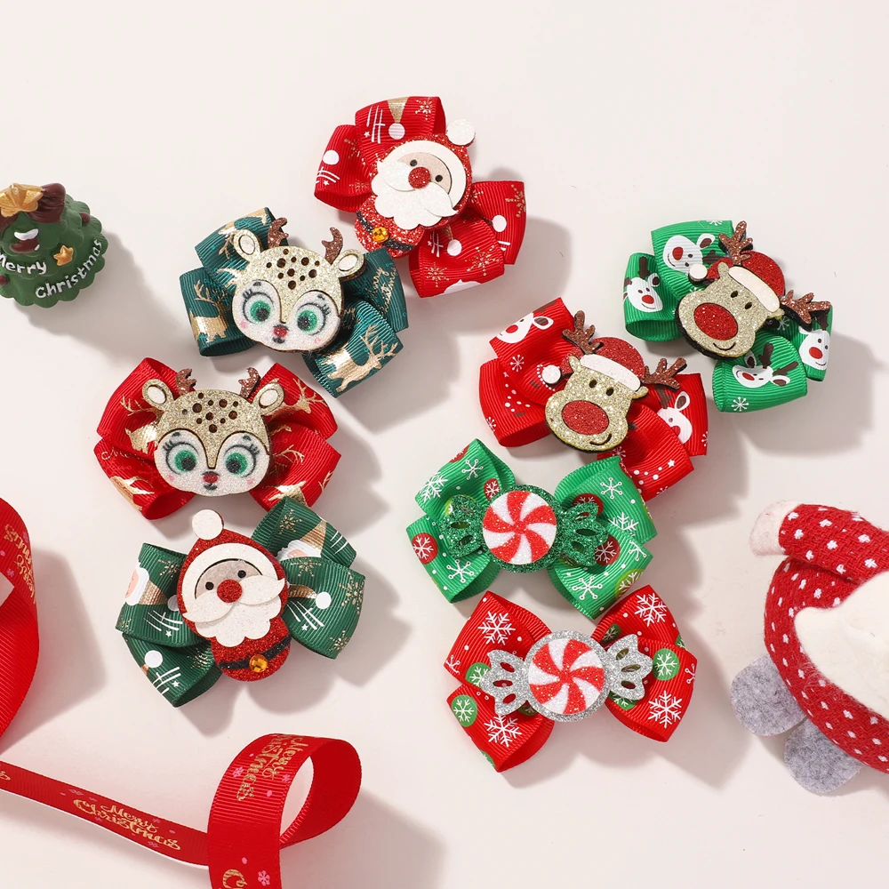 

4pcs/set Christmas Party Bows Hair Clip for Baby Girl Hairpin Shiny Santa Deer Decorations Kids Headwear Hair Accessories Gifts